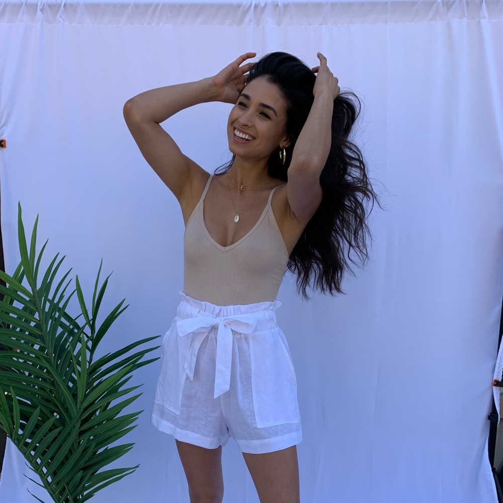 Olivaceous V Neck Tank Style Bodysuit in Tan